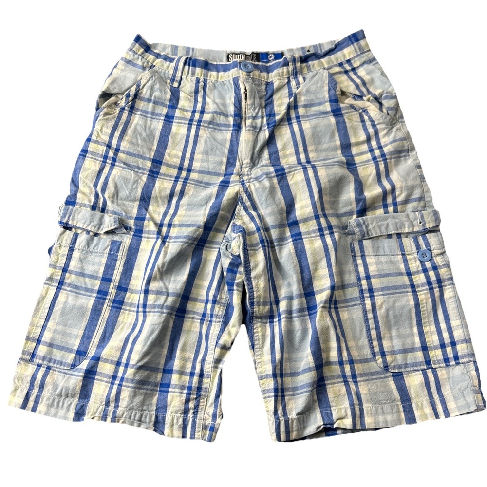 Southpole Cargo Shorts Mens 32 Blue Plaid Cotton Casual Regular Fit G0271